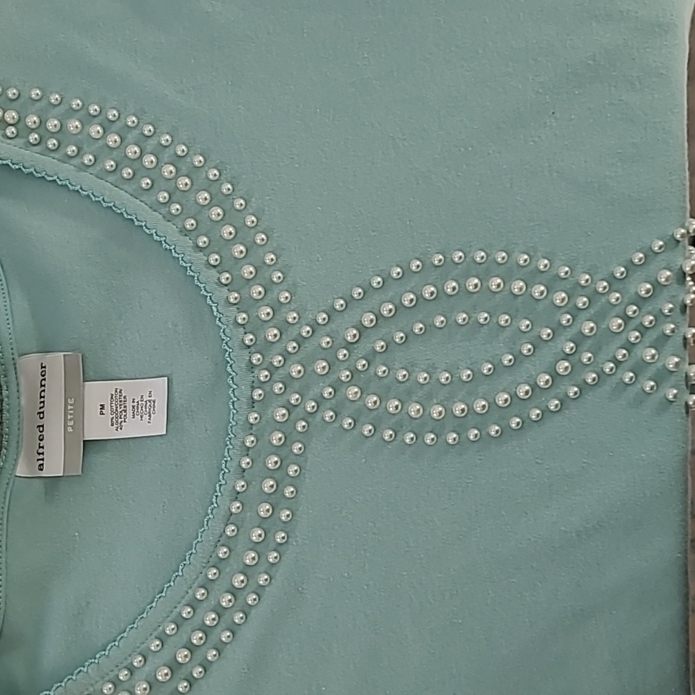 Alfred Dunner Lightweight Faux Pearl Studded Cotton Blend Top in Powder Blue - Picture 2 of 4